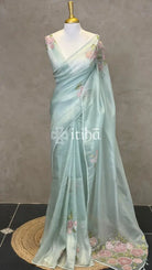 ORGANZA HAND EMBROIDERY DESIGNER SAREE - PASTEL AQUA GREEN