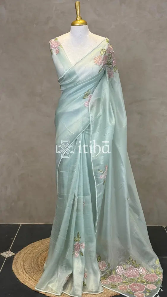 ORGANZA HAND EMBROIDERY DESIGNER SAREE - PASTEL AQUA GREEN