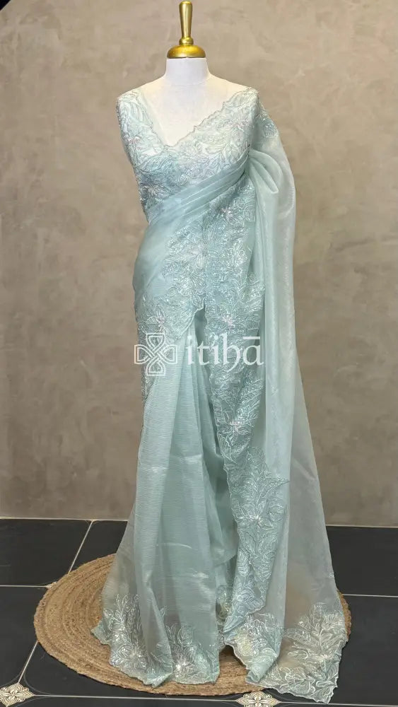 ORGANZA HAND EMBROIDERY DESIGNER SAREE - PASTEL BLUE