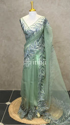 ORGANZA HAND EMBROIDERY DESIGNER SAREE - PASTEL GREEN