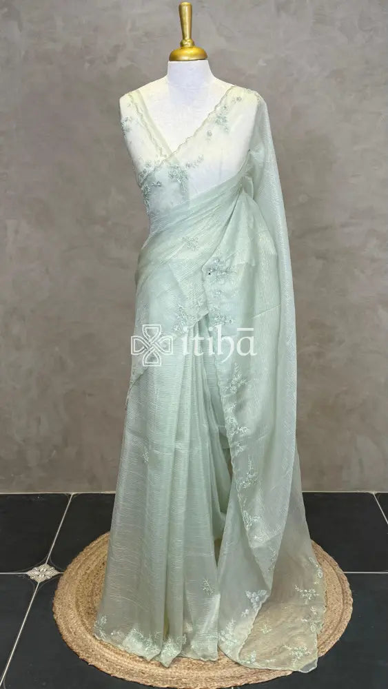 ORGANZA HAND EMBROIDERY DESIGNER SAREE - PASTEL GREEN