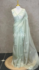 ORGANZA HAND EMBROIDERY DESIGNER SAREE - PASTEL GREEN