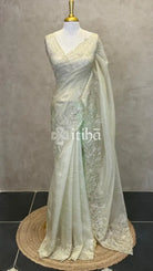 ORGANZA HAND EMBROIDERY DESIGNER SAREE - PASTEL GREEN