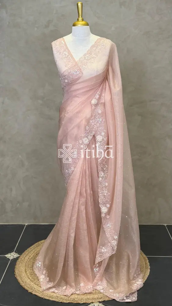 ORGANZA HAND EMBROIDERY DESIGNER SAREE - PASTEL PEACH