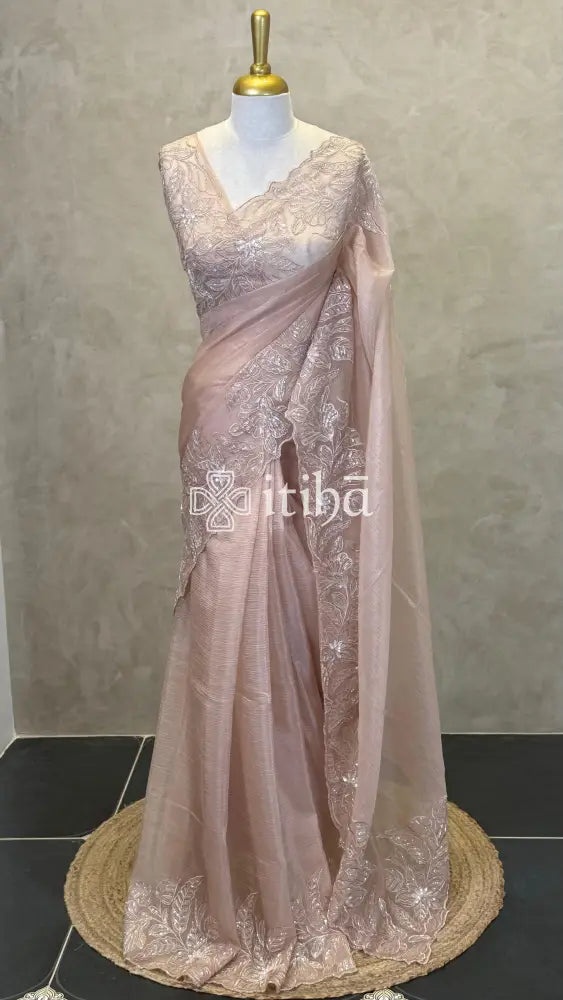 ORGANZA HAND EMBROIDERY DESIGNER SAREE - PASTEL PEACH