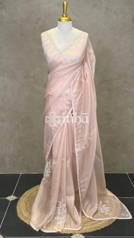 ORGANZA HAND EMBROIDERY DESIGNER SAREE - PASTEL PINK