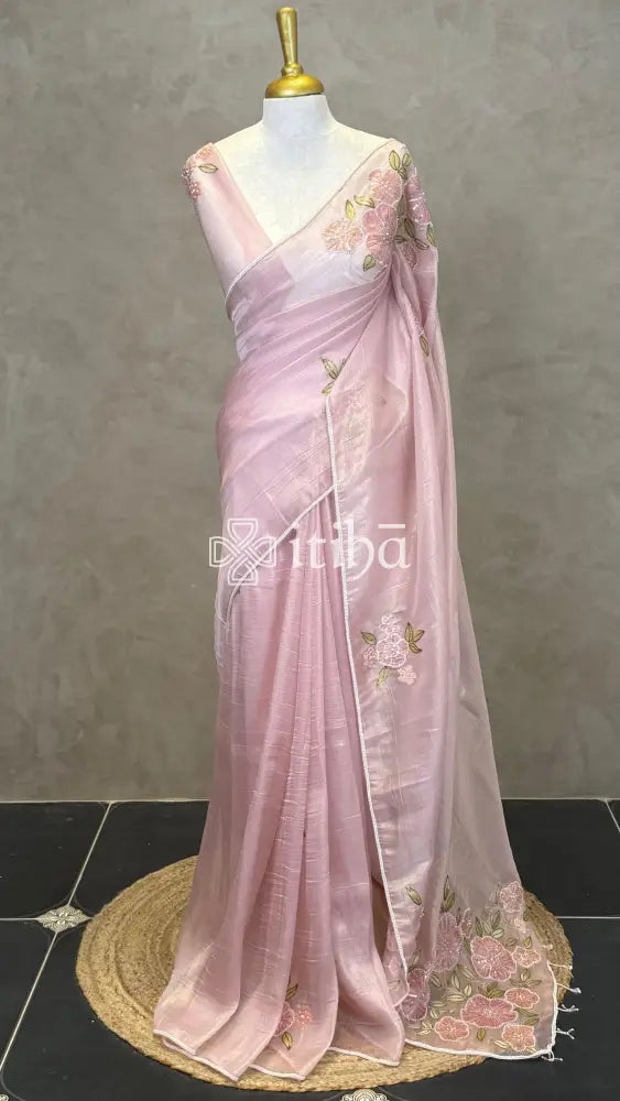 ORGANZA HAND EMBROIDERY DESIGNER SAREE - PASTEL PINK