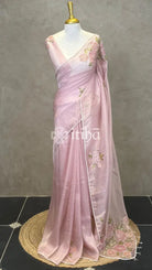 ORGANZA HAND EMBROIDERY DESIGNER SAREE - PASTEL PINK