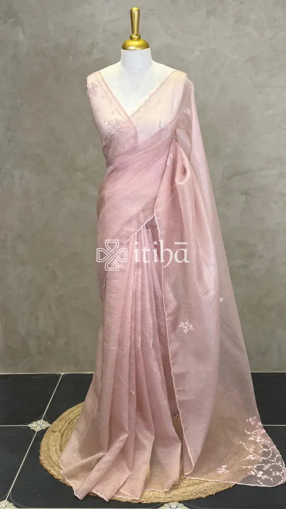 ORGANZA HAND EMBROIDERY DESIGNER SAREE - PASTEL PINK