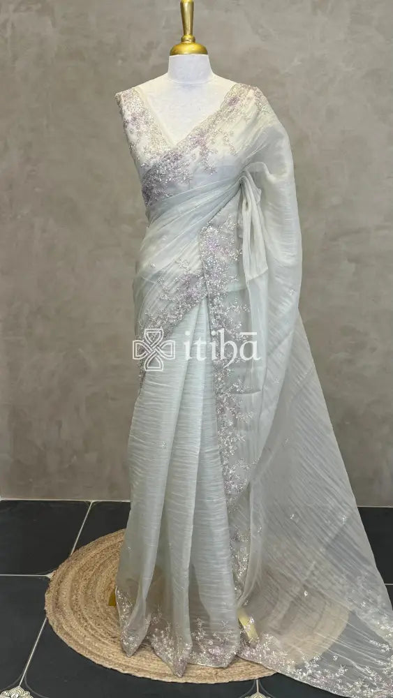 ORGANZA HAND EMBROIDERY DESIGNER SAREE - PASTEL PISTA GREEN