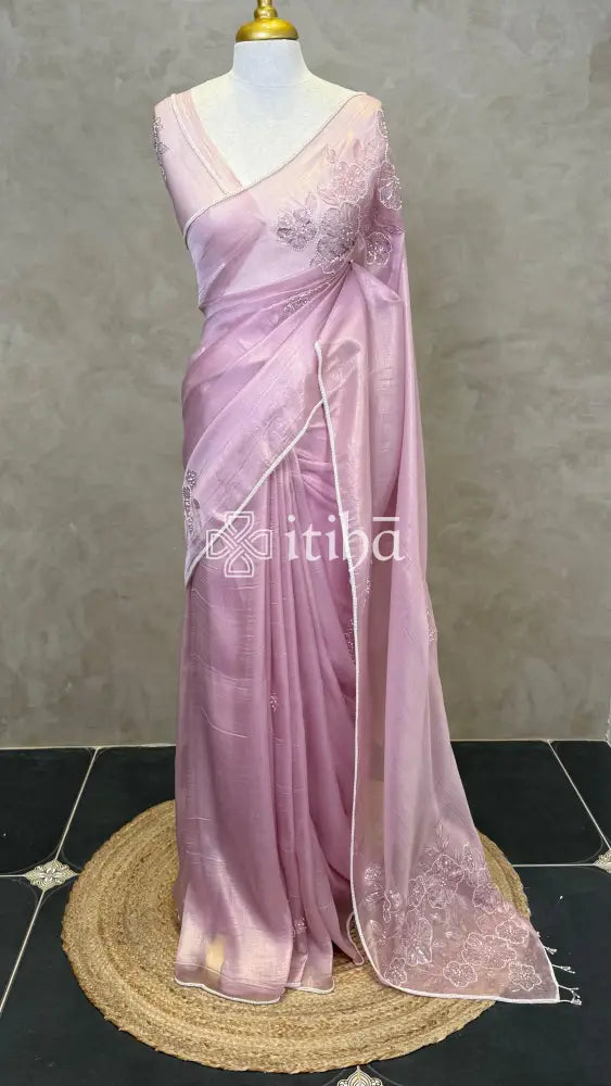 ORGANZA HAND EMBROIDERY DESIGNER SAREE - PASTEL ROSE