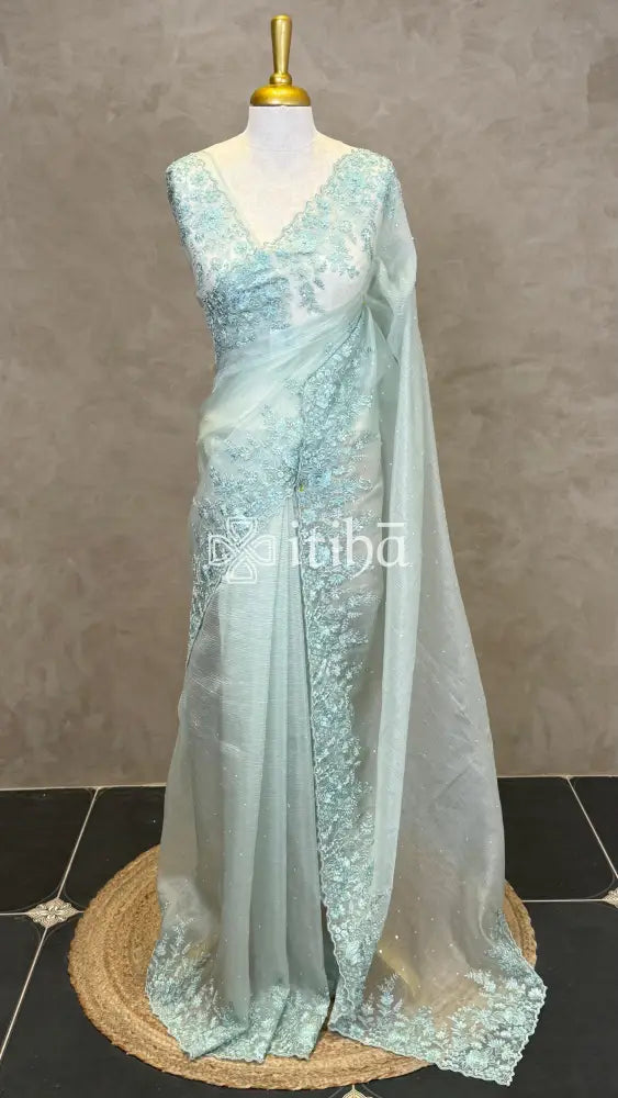 ORGANZA HAND EMBROIDERY DESIGNER SAREE - PASTEL SAGE GREEN