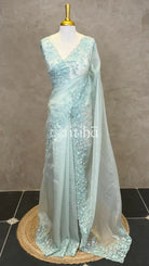 ORGANZA HAND EMBROIDERY DESIGNER SAREE - PASTEL SAGE GREEN