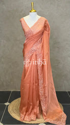ORGANZA HAND EMBROIDERY DESIGNER SAREE - PEACH
