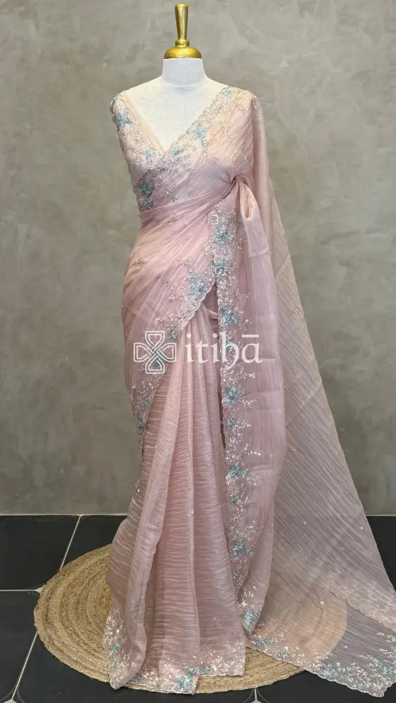 ORGANZA HAND EMBROIDERY DESIGNER SAREE - PEACH