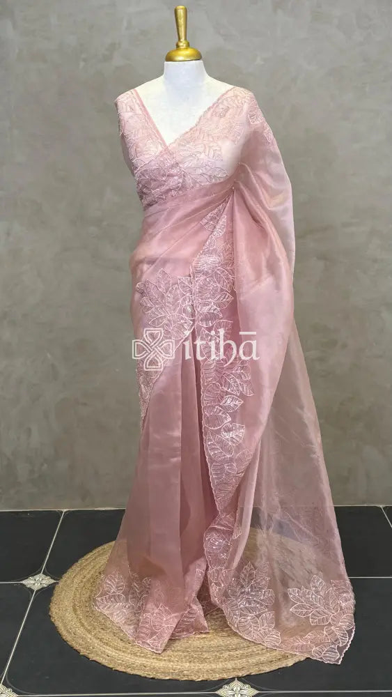 ORGANZA HAND EMBROIDERY DESIGNER SAREE - PEACH