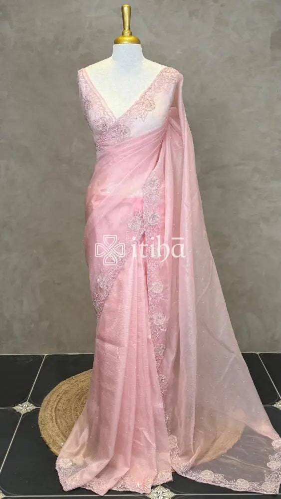 ORGANZA HAND EMBROIDERY DESIGNER SAREE - PEACH PINK