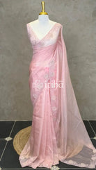 ORGANZA HAND EMBROIDERY DESIGNER SAREE - PEACH PINK