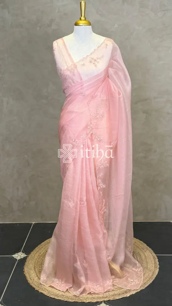 ORGANZA HAND EMBROIDERY DESIGNER SAREE - PEACH PINK