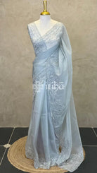 ORGANZA HAND EMBROIDERY DESIGNER SAREE - POWDER BLUE