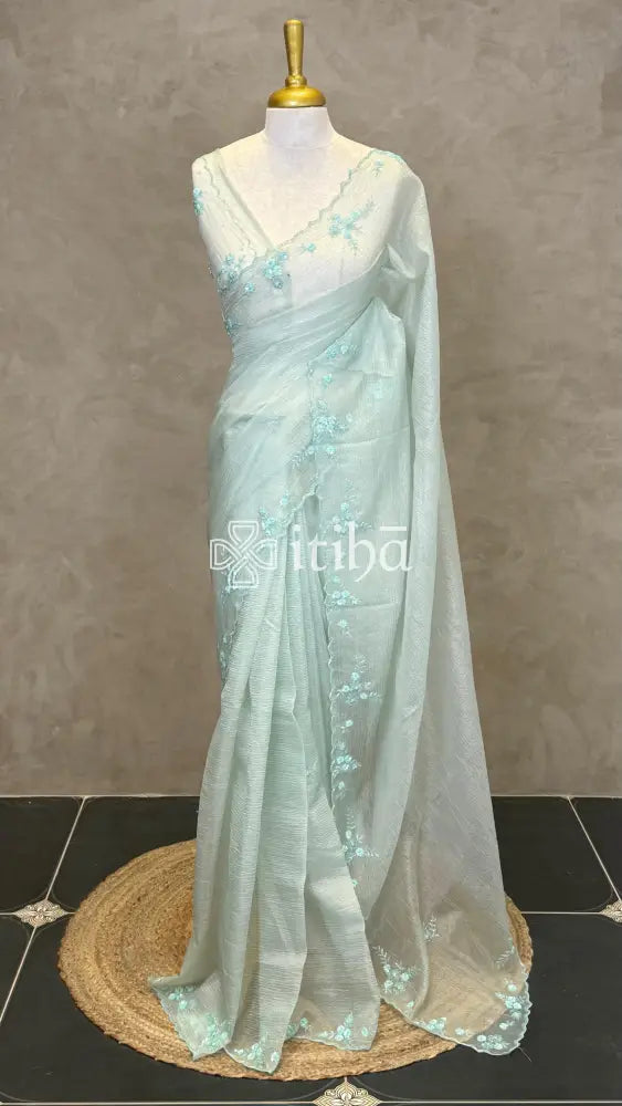 ORGANZA HAND EMBROIDERY DESIGNER SAREE - SAGE MINT