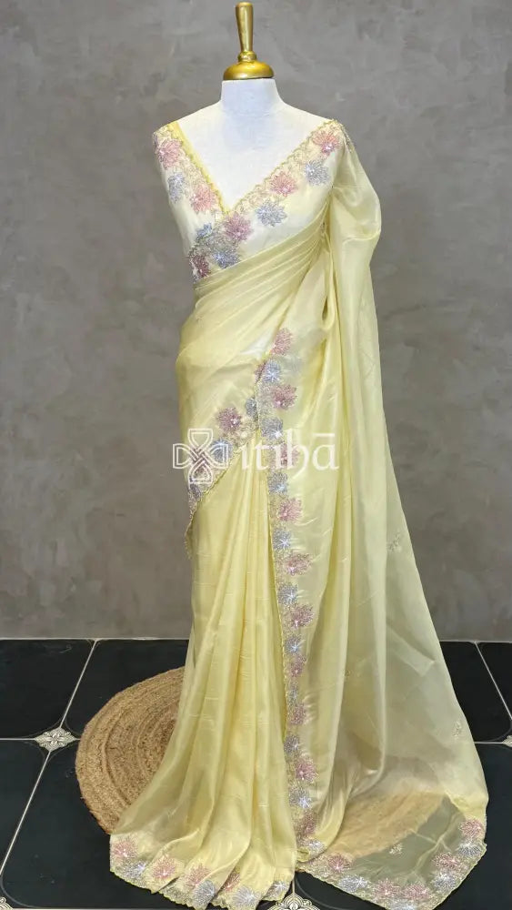 ORGANZA HAND EMBROIDERY DESIGNER SAREE - Yellow
