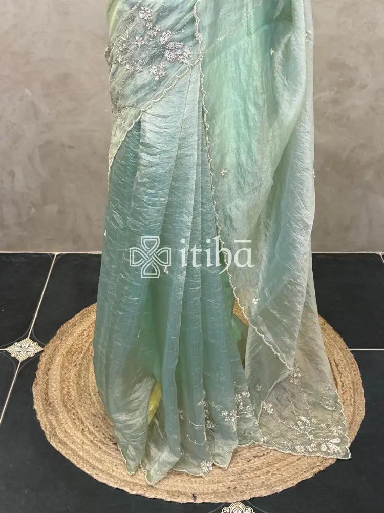 ORGANZA HAND EMBROIDERY SAREE - PASTEL PISTA GREEN