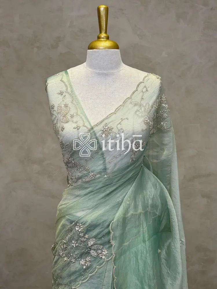 ORGANZA HAND EMBROIDERY SAREE - PASTEL PISTA GREEN