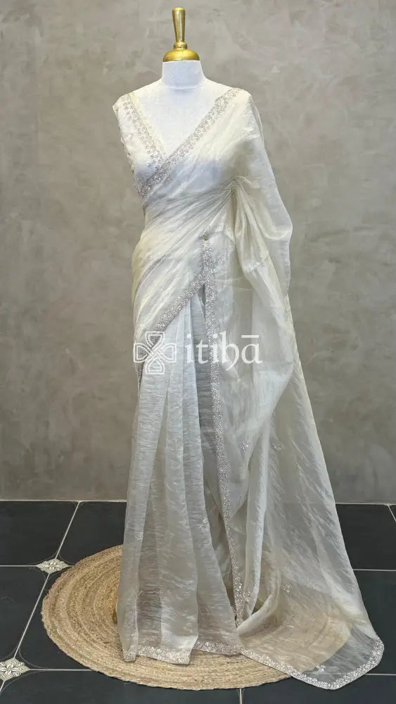 ORGANZA HAND EMBROIDERY SAREE - Beige