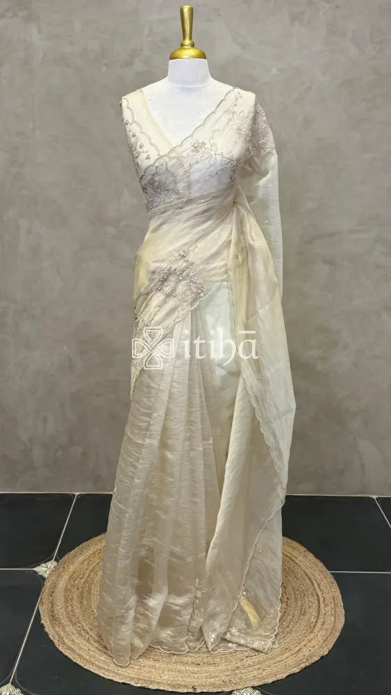 ORGANZA HAND EMBROIDERY SAREE - Beige