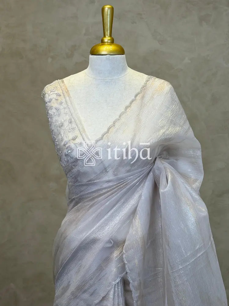 ORGANZA HAND EMBROIDERY SAREE - CHAMPAGNE BEIGE