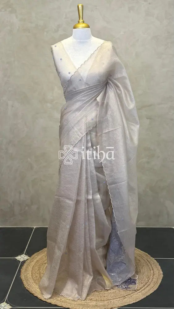 ORGANZA HAND EMBROIDERY SAREE - CHAMPAGNE BEIGE