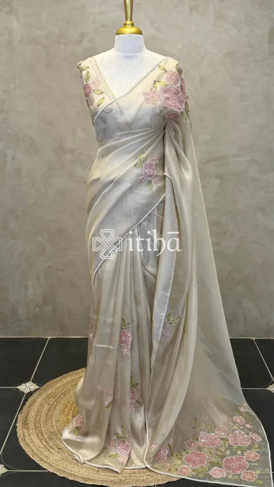 ORGANZA HAND EMBROIDERY SAREE - LIGHT BEIGE