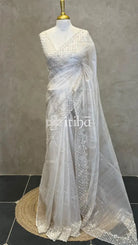 ORGANZA HAND EMBROIDERY SAREE - LIGHT BEIGE