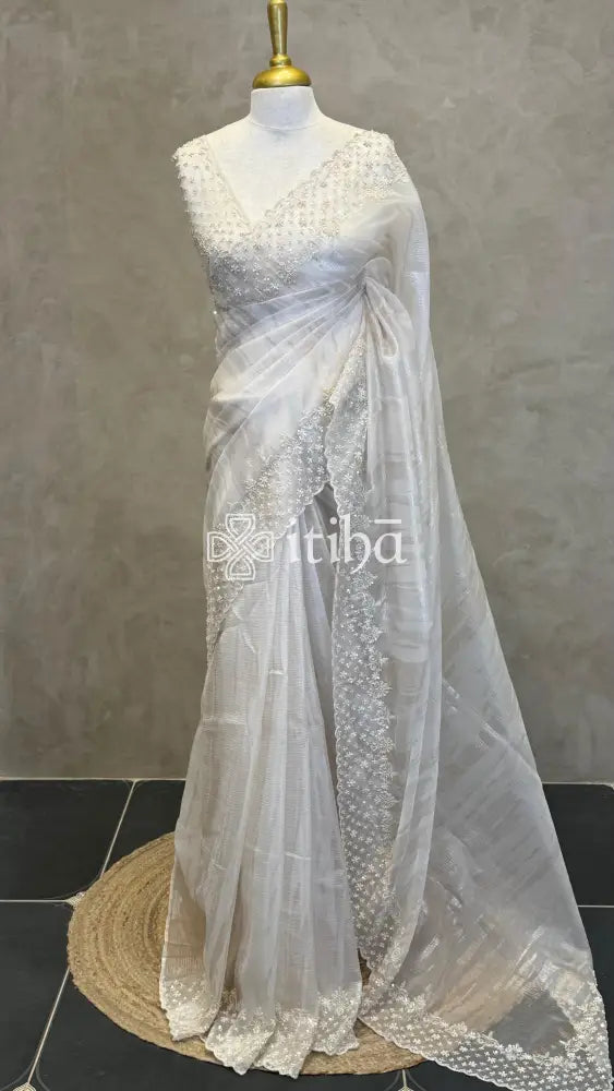 ORGANZA HAND EMBROIDERY SAREE - LIGHT BEIGE