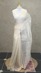 ORGANZA HAND EMBROIDERY SAREE - LIGHT BEIGE