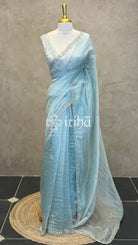 ORGANZA HAND EMBROIDERY SAREE - LIGHT BLUE