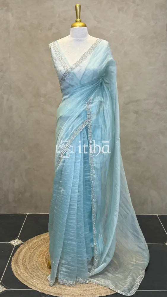 ORGANZA HAND EMBROIDERY SAREE - LIGHT BLUE