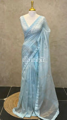 ORGANZA HAND EMBROIDERY SAREE - LIGHT BLUE