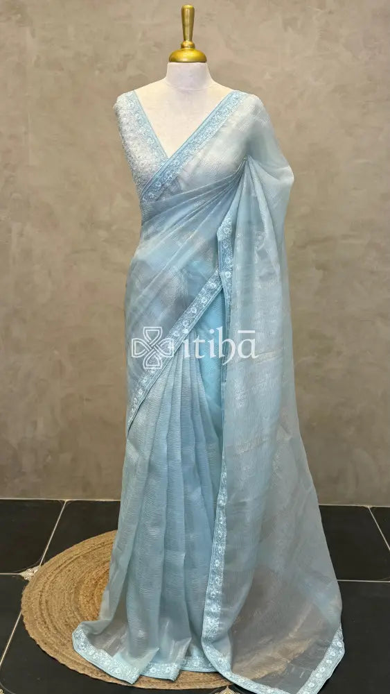 ORGANZA HAND EMBROIDERY SAREE - LIGHT BLUE