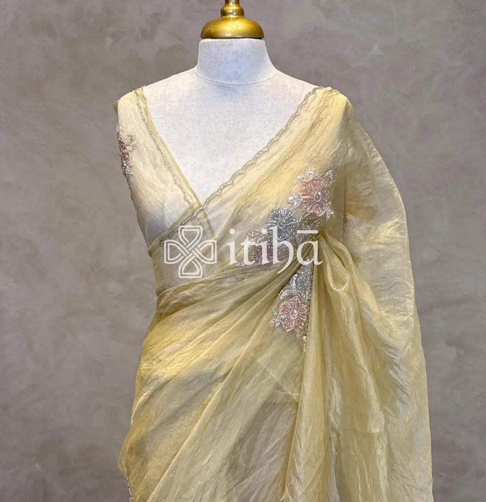 ORGANZA HAND EMBROIDERY SAREE - LIGHT YELLOW