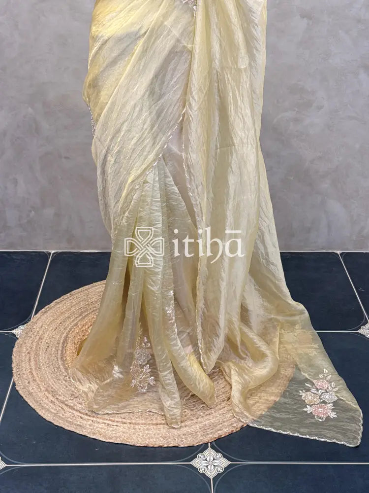 ORGANZA HAND EMBROIDERY SAREE - LIGHT YELLOW