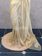 ORGANZA HAND EMBROIDERY SAREE - LIGHT YELLOW