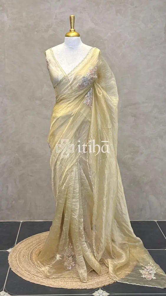 ORGANZA HAND EMBROIDERY SAREE - LIGHT YELLOW