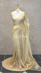 ORGANZA HAND EMBROIDERY SAREE - LIGHT YELLOW