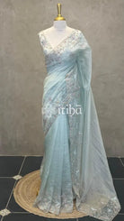 ORGANZA HAND EMBROIDERY SAREE - MINT AQUA