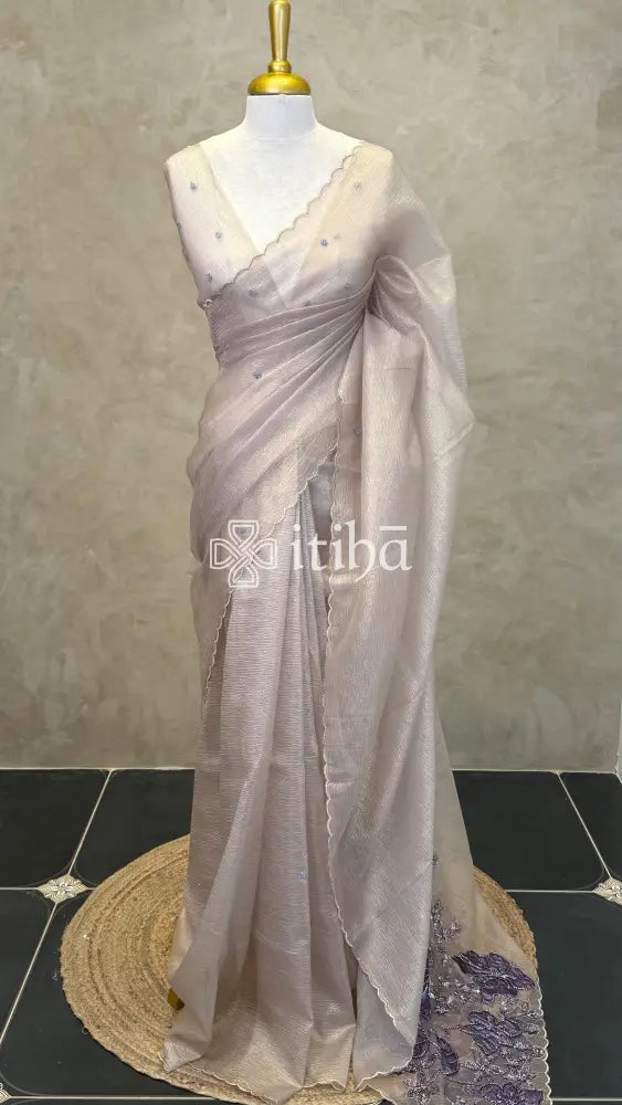 ORGANZA HAND EMBROIDERY SAREE - MUTED BEIGE