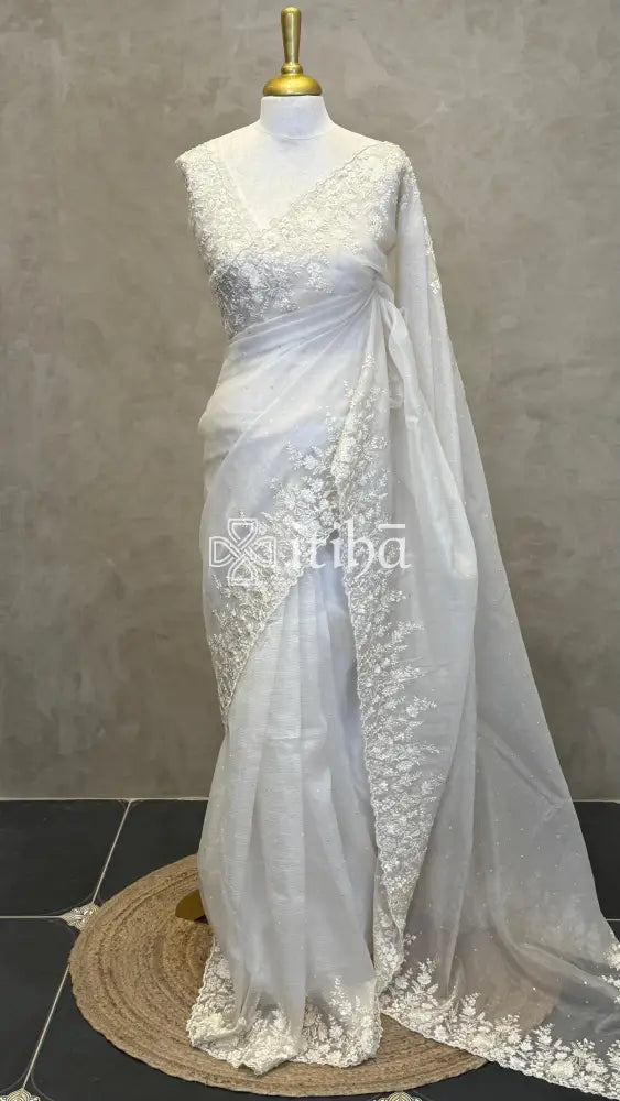 ORGANZA HAND EMBROIDERY SAREE - OFF WHITE