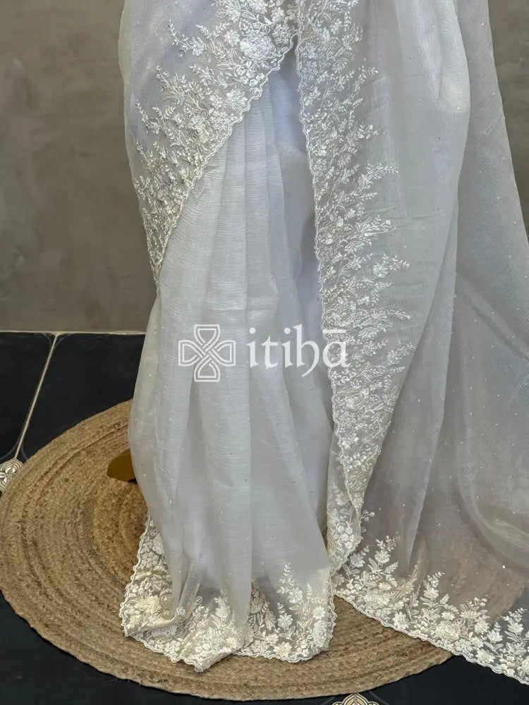 ORGANZA HAND EMBROIDERY SAREE - OFF WHITE