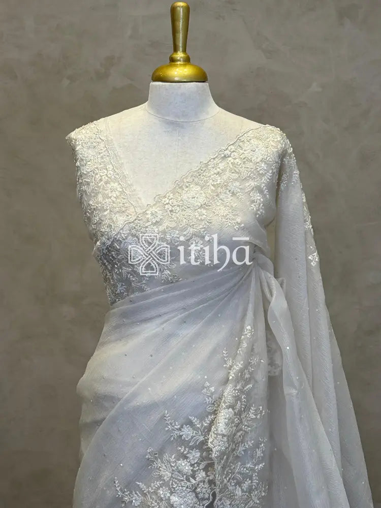 ORGANZA HAND EMBROIDERY SAREE - OFF WHITE